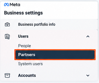 Meta Business Settings menu with Partners highlighted