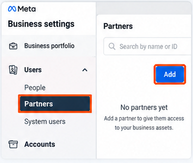 Meta Business Settings Partners screen with the Add button highlighted