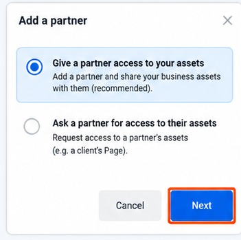 Add a partner dialog with Give a partner access to your assets selected
